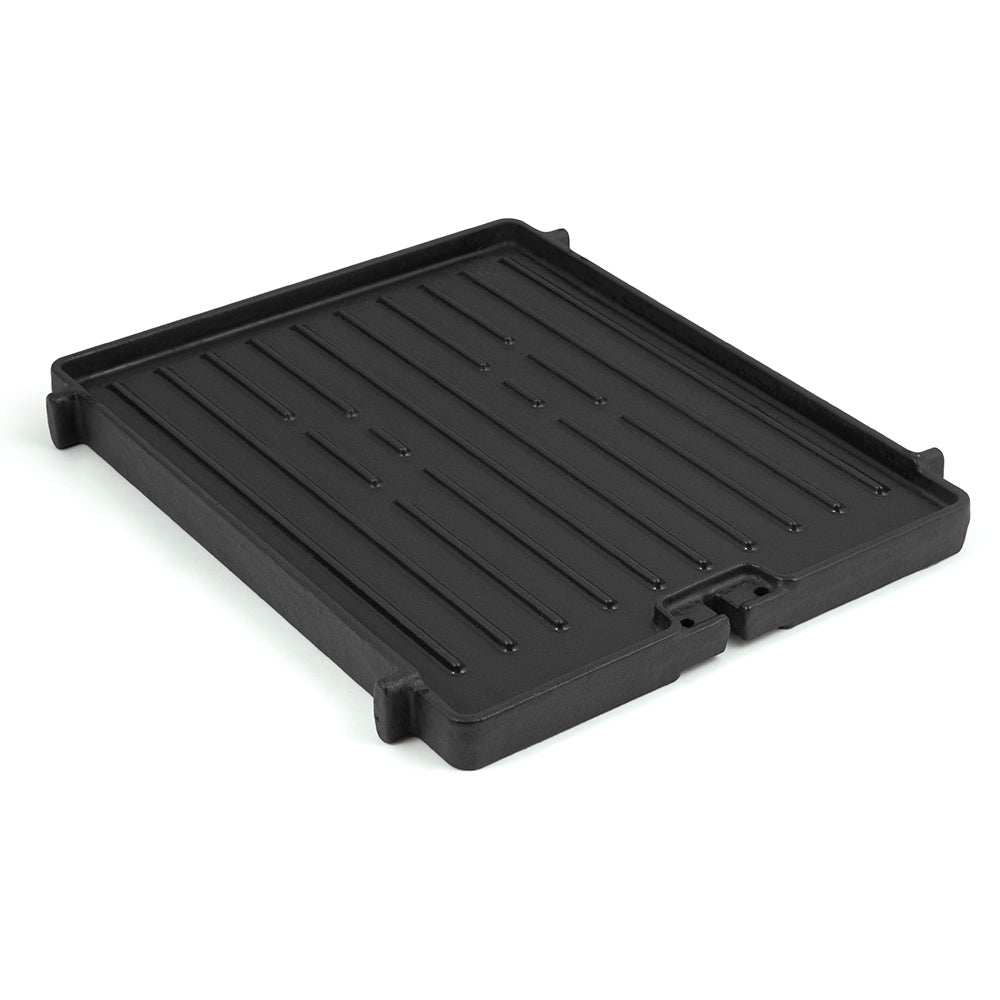 Cast iron side burner griddle with raised ridges, black cooking surface