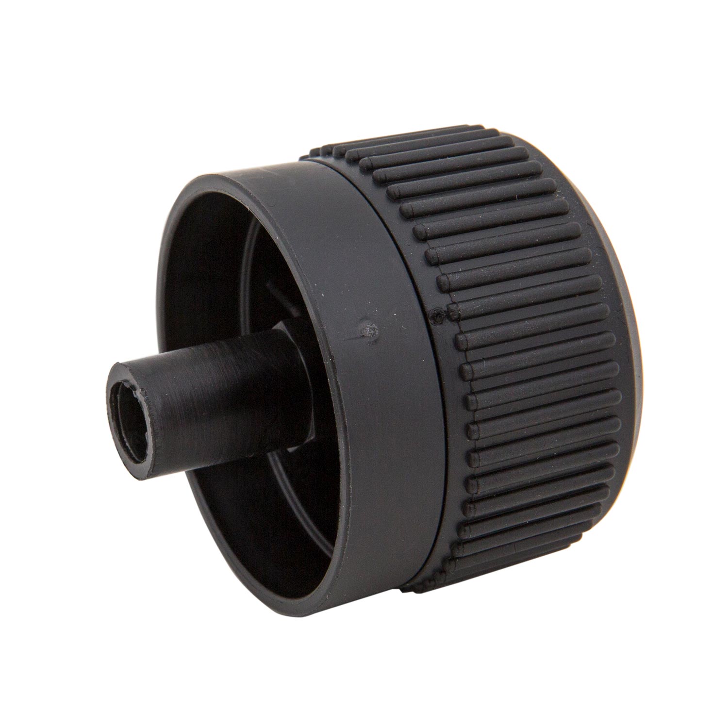 Black small control knob with ridged grip and central mounting hole.