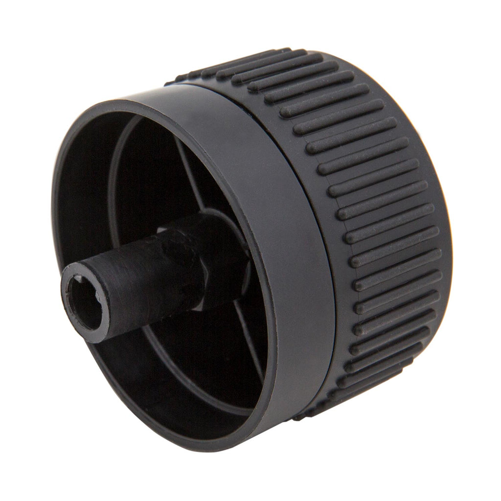 Large black control knob with ridged outer ring and hex drive hole