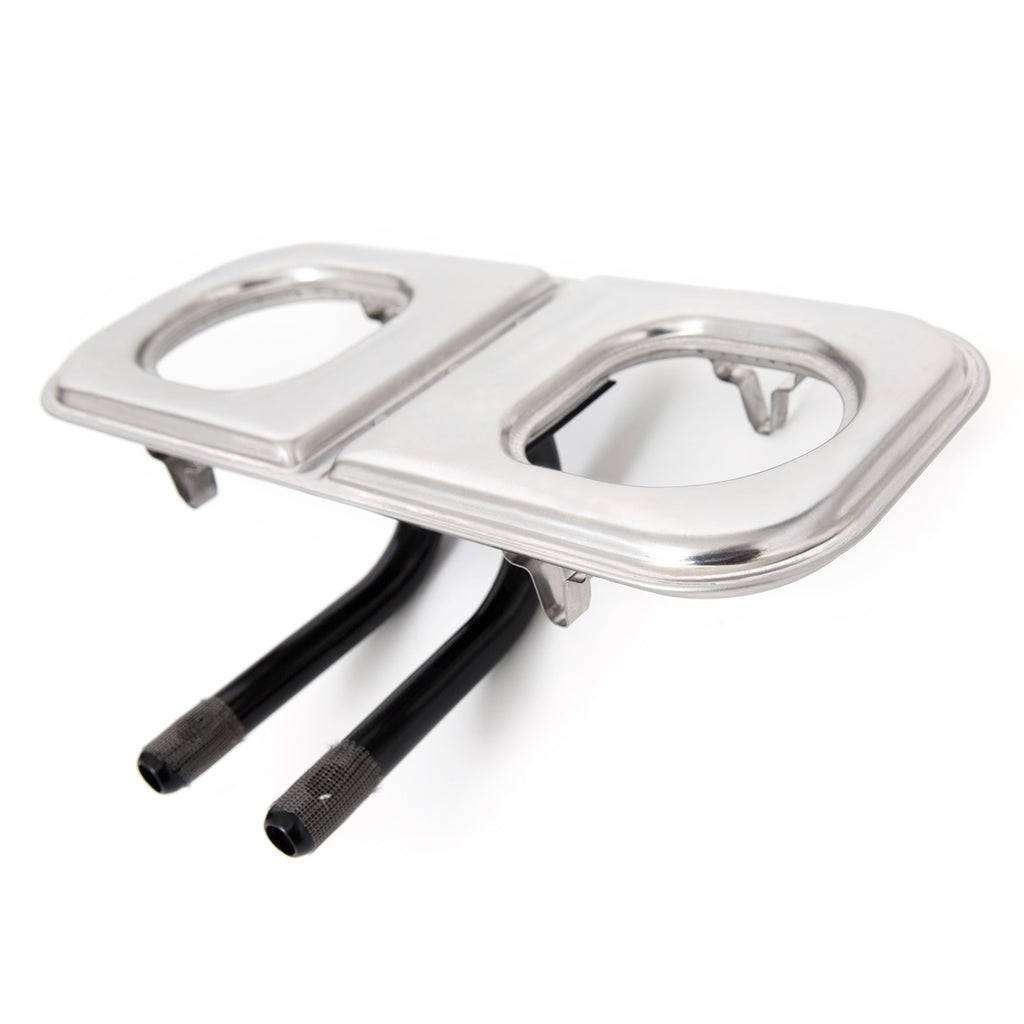 Stainless steel infinity burner with two circular openings and two black hoses