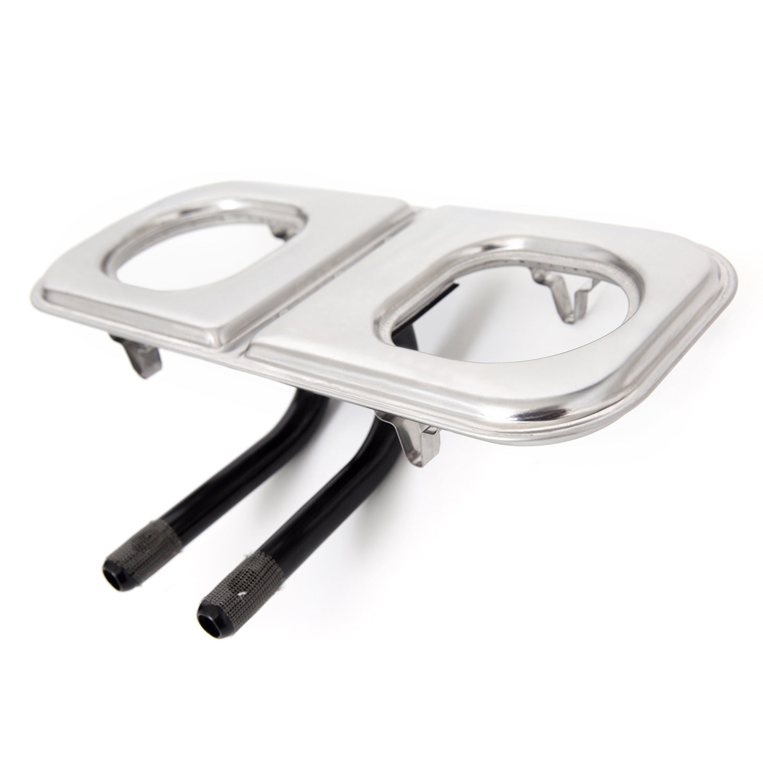 Stainless steel infinity burner with two circular openings and two black hoses