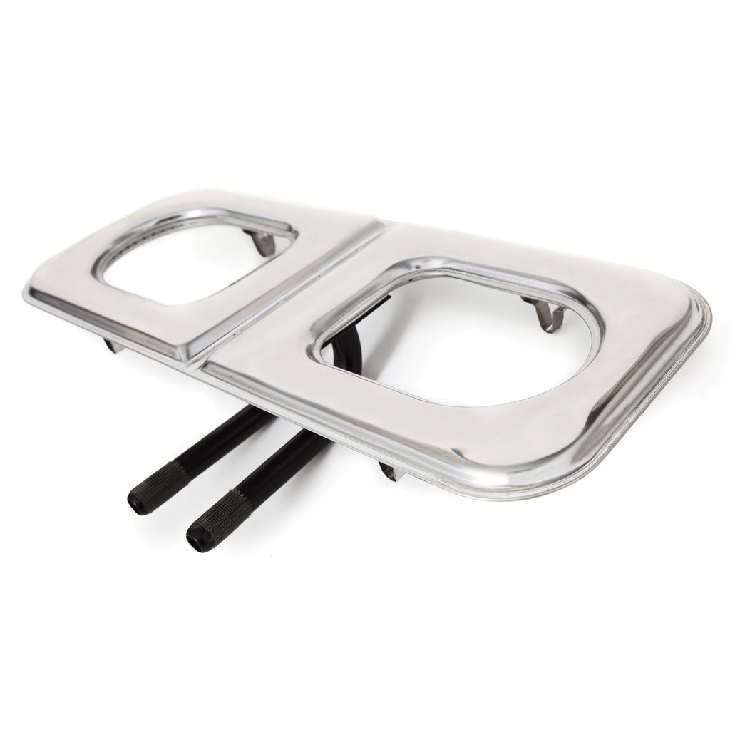 Stainless steel burner base with two oval cutouts and black igniter rods