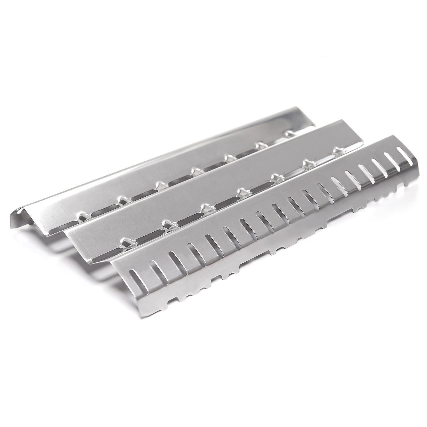 Large metal flame tamer with vent slots and raised bars, two-piece grill insert