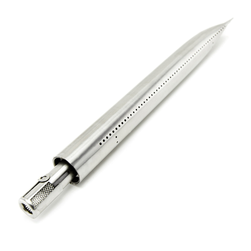 Stainless steel tube-in-tube grill burner with perforated vent slots and end cap