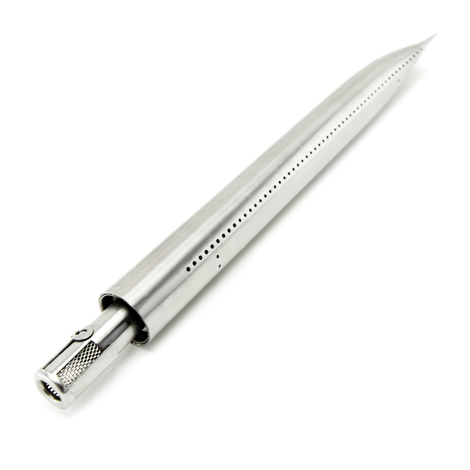 Stainless steel tube-in-tube grill burner with perforated vent slots and end cap