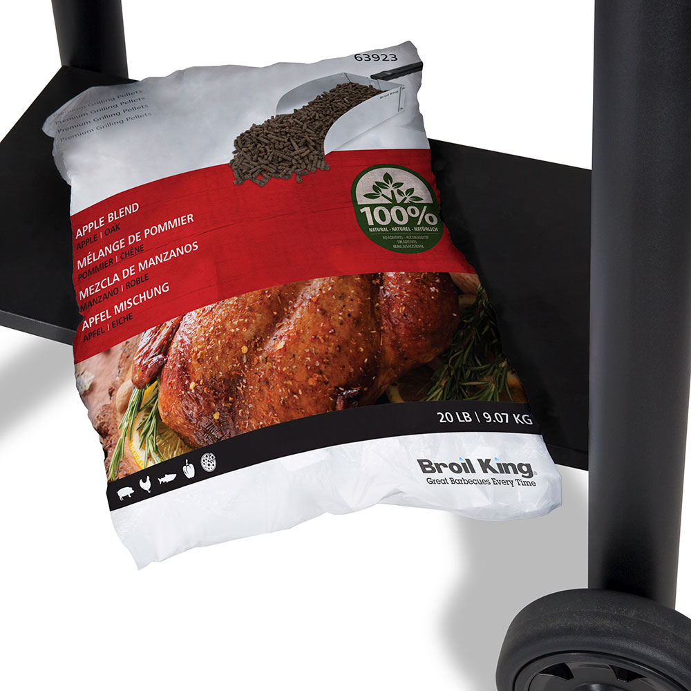 Bag of wood pellets labeled apple blend 100% with Broil King Pellet brand