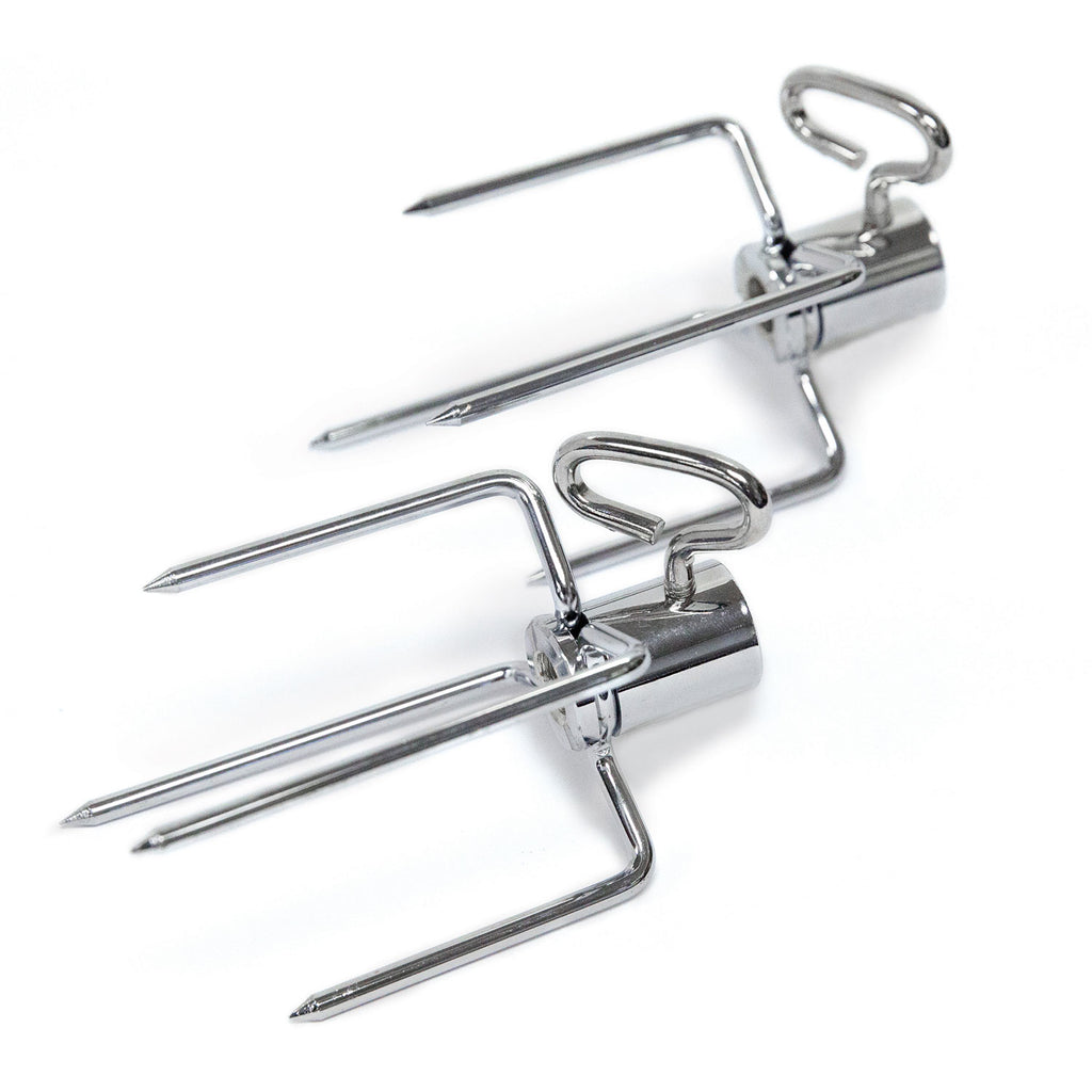 Broil King stainless rotisserie forks with prongs and mounting clips