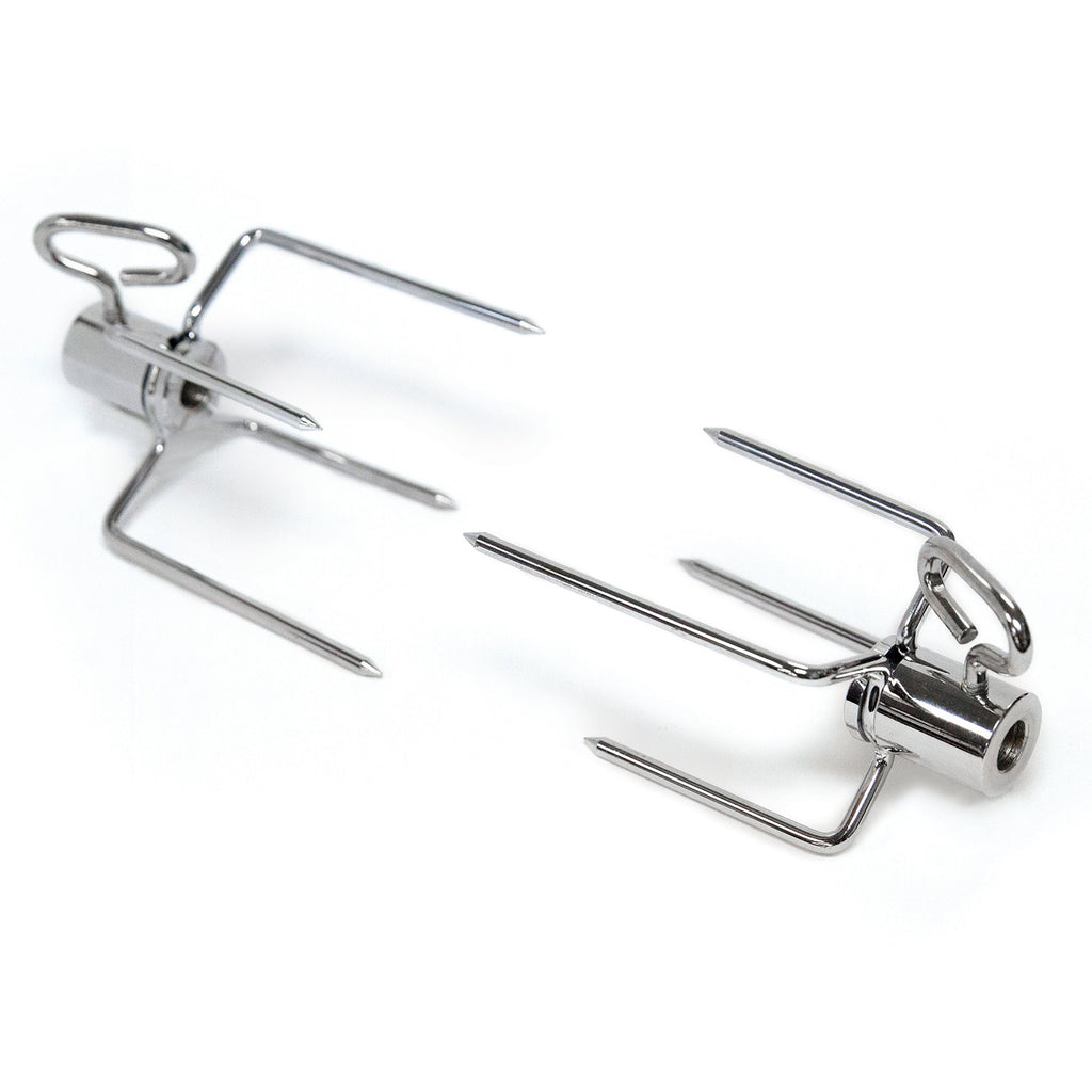 Broil King rotisserie forks in stainless steel, side view with curved handles