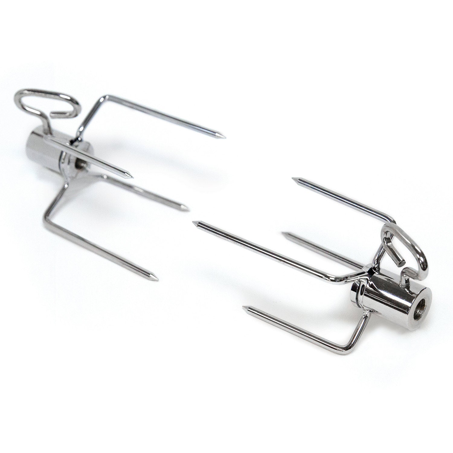 Broil King rotisserie forks in stainless steel, side view with curved handles