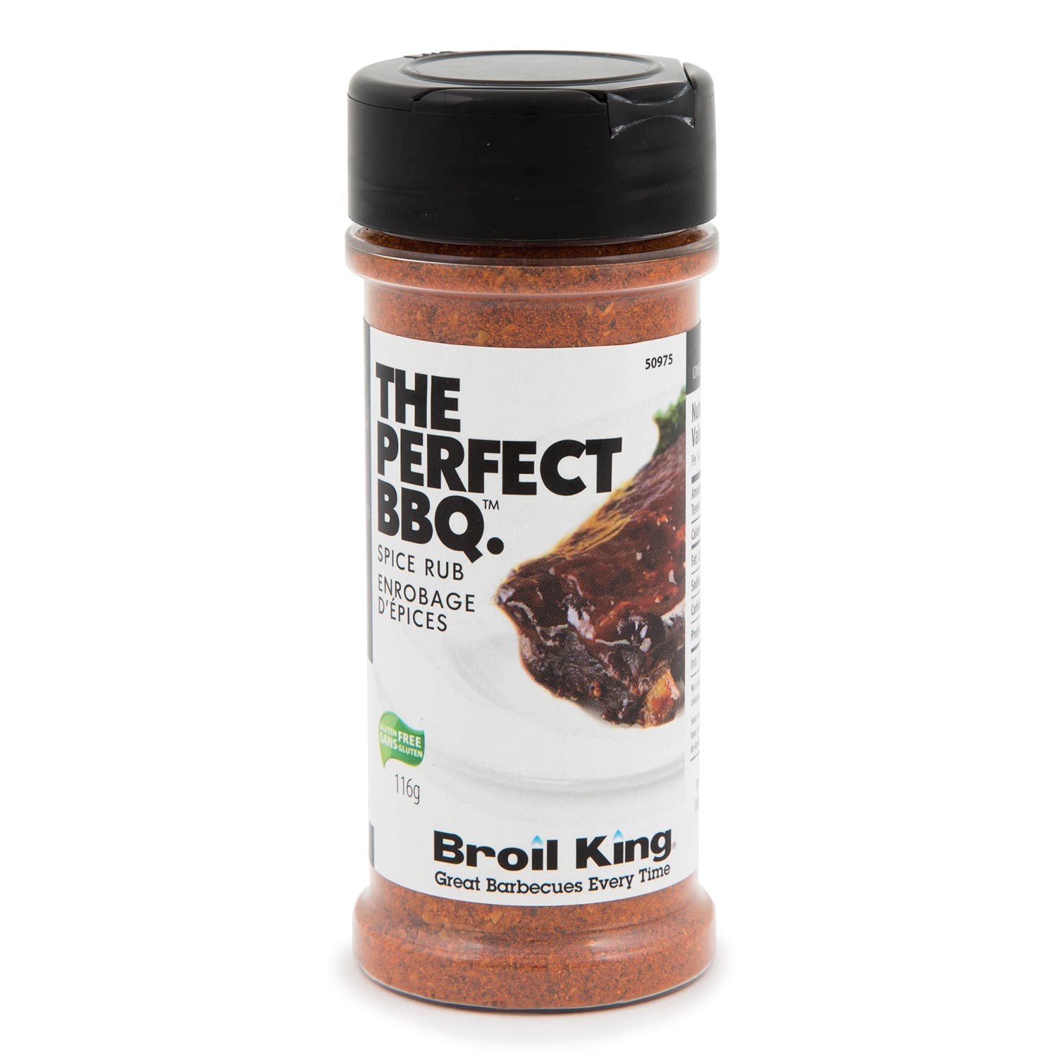 Broil King Perfect BBQ spice rub shaker bottle with dark red-brown seasoning, label and black cap.