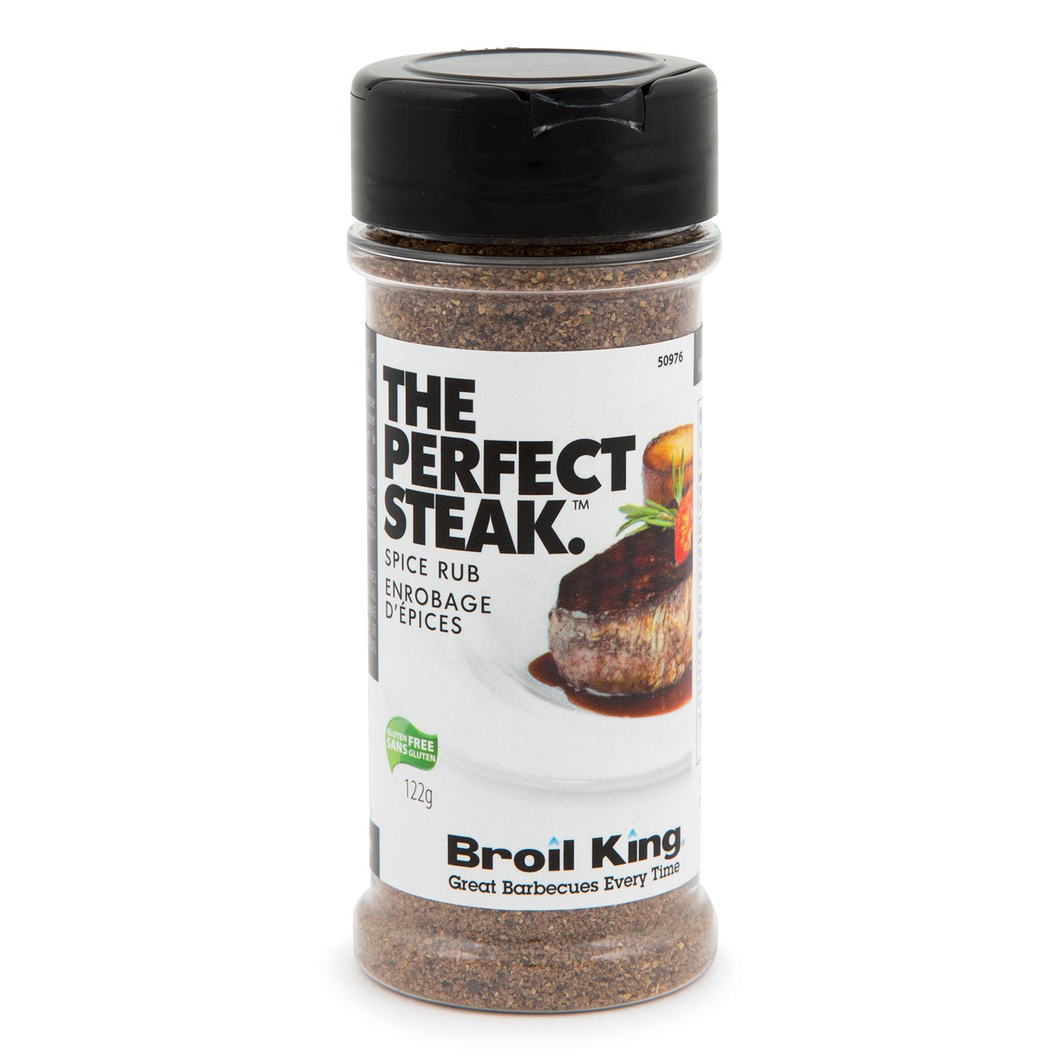 Broil King steak spice rub shaker bottle with dark cap and speckled seasoning