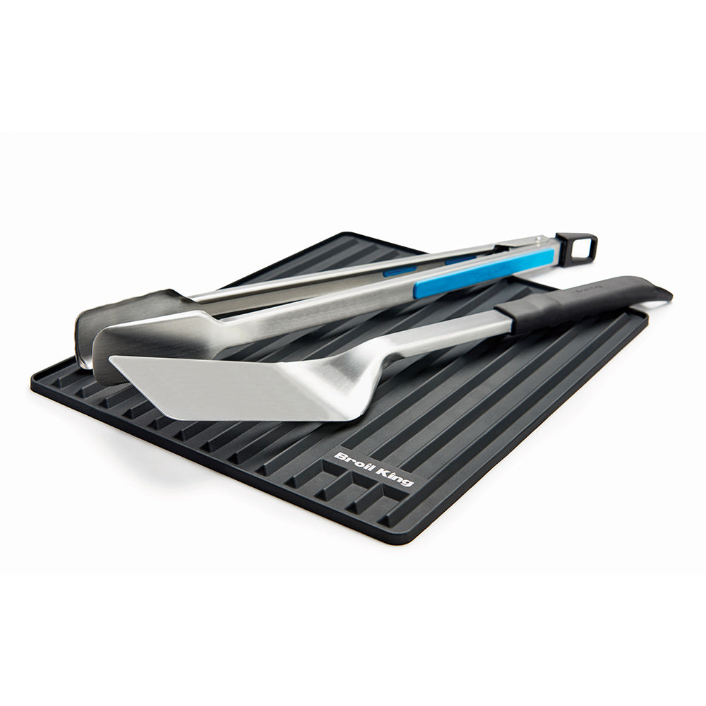 Broil King silicone side shelf mat with spatula and scraper accessories, black