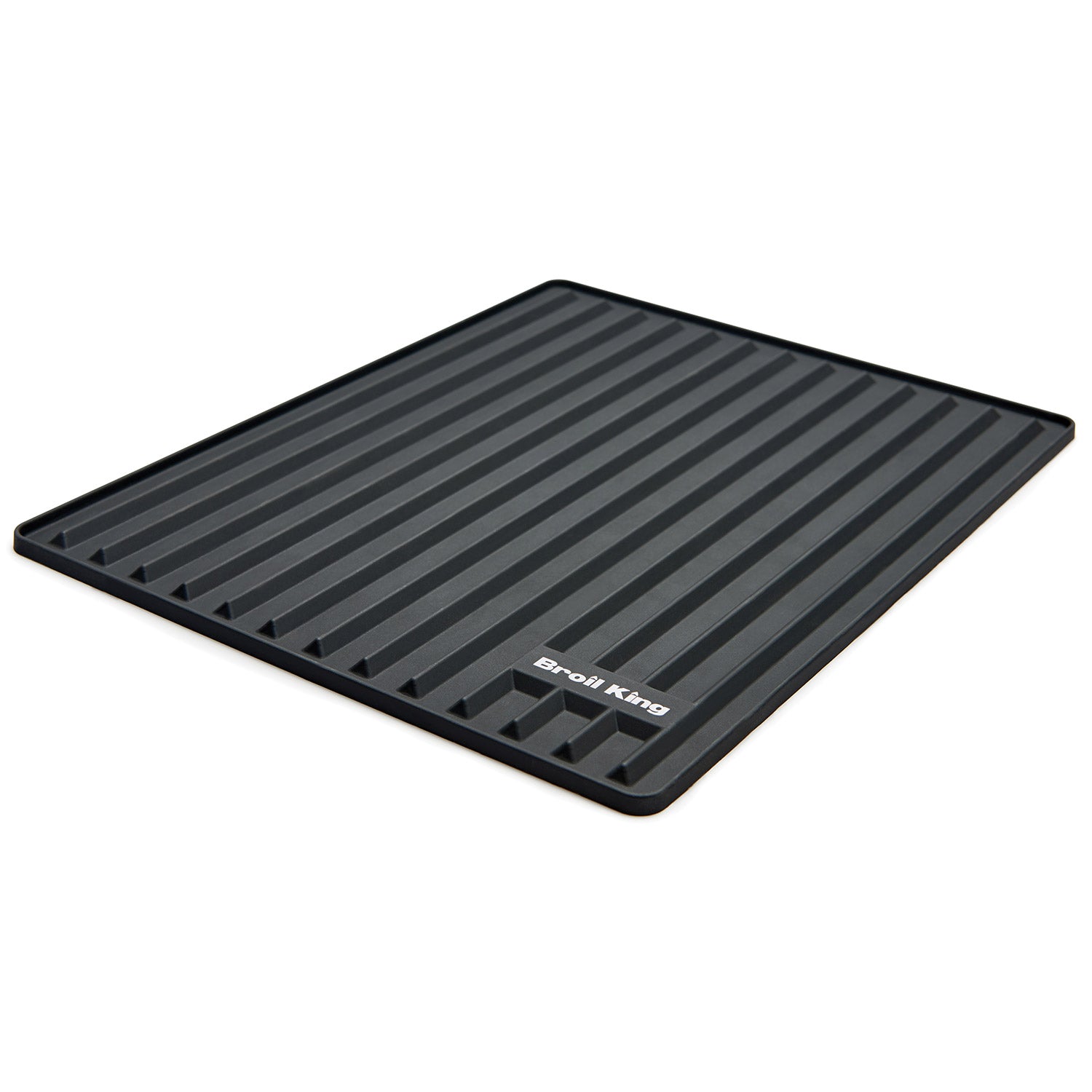 Silicone grill side shelf mat, dark ridged surface with raised edges