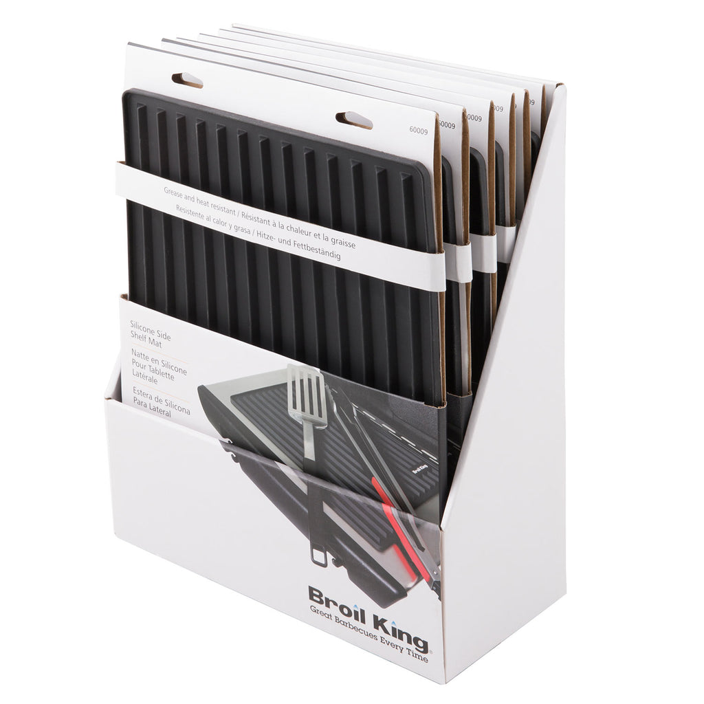 Silicone grill side shelf mat in retail packaging, dark ribbed insert