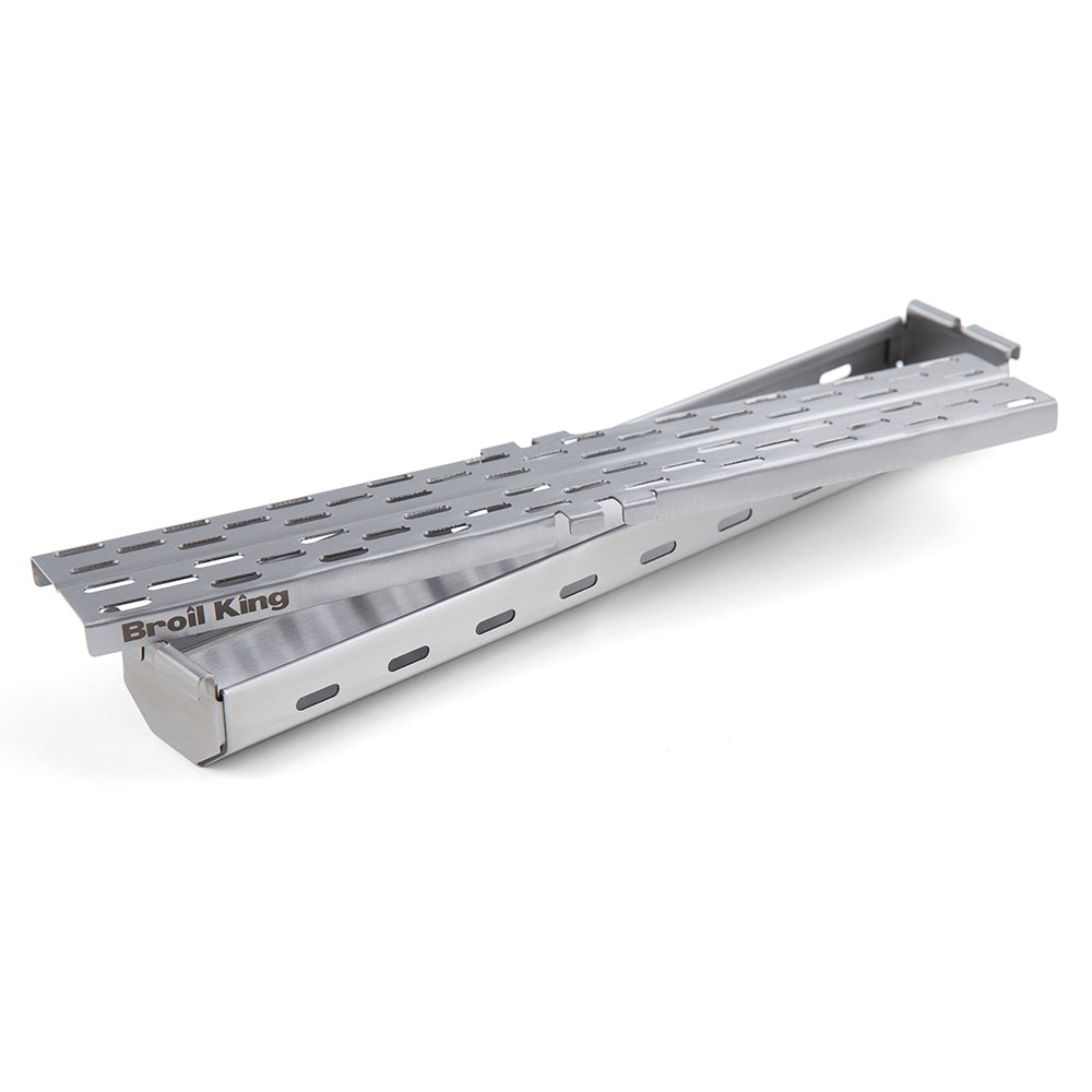 Broil King stainless steel pellet smoker box, perforated top plate with cutout slots