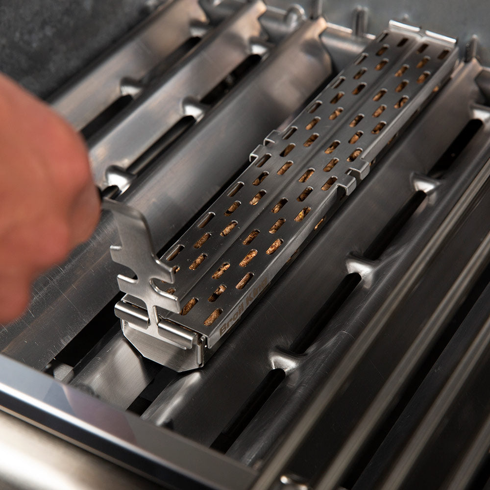 Stainless steel pellet smoker box with perforated insert rack and small vent holes