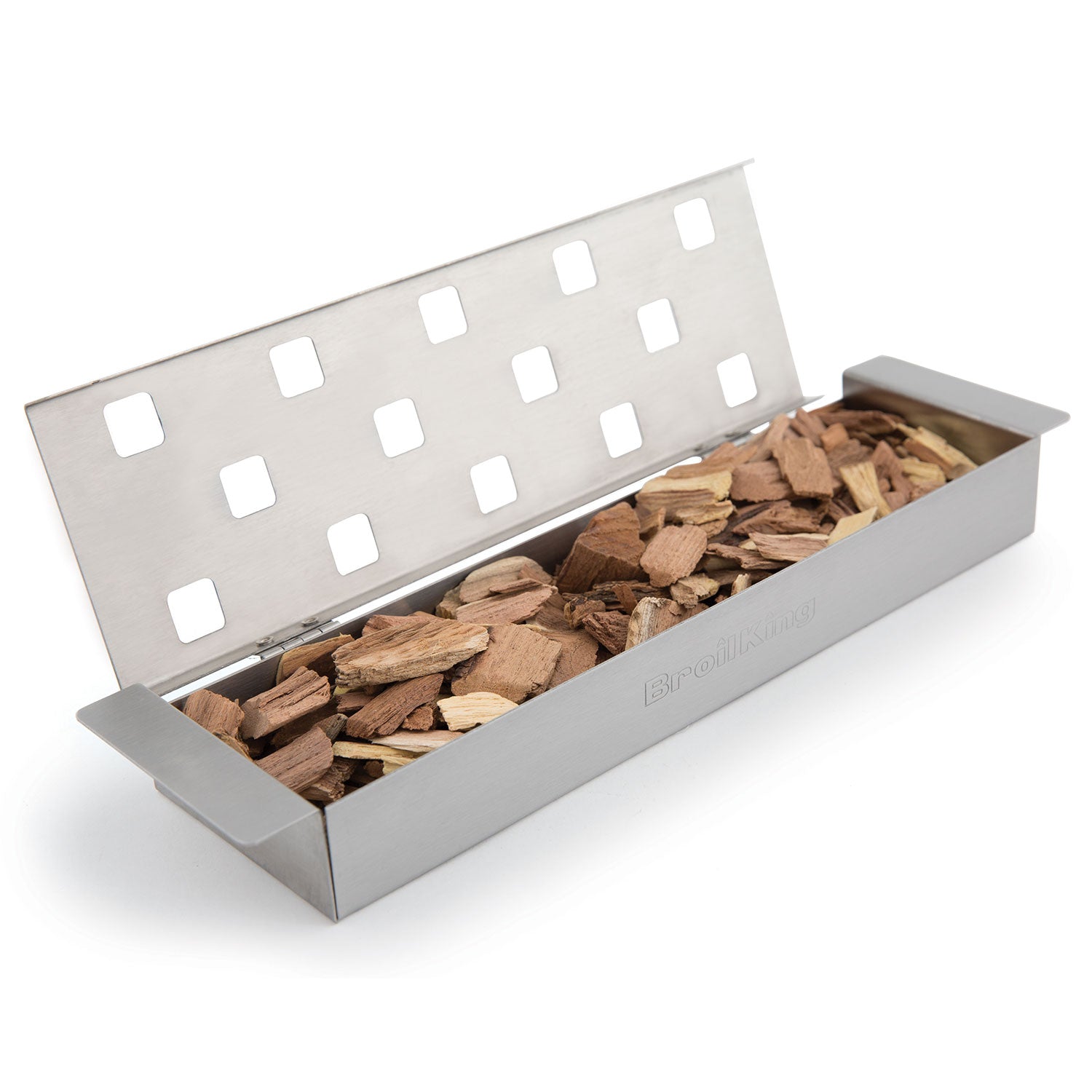 Broil King smoker box with vented lid and wood chip tray, stainless steel, open top