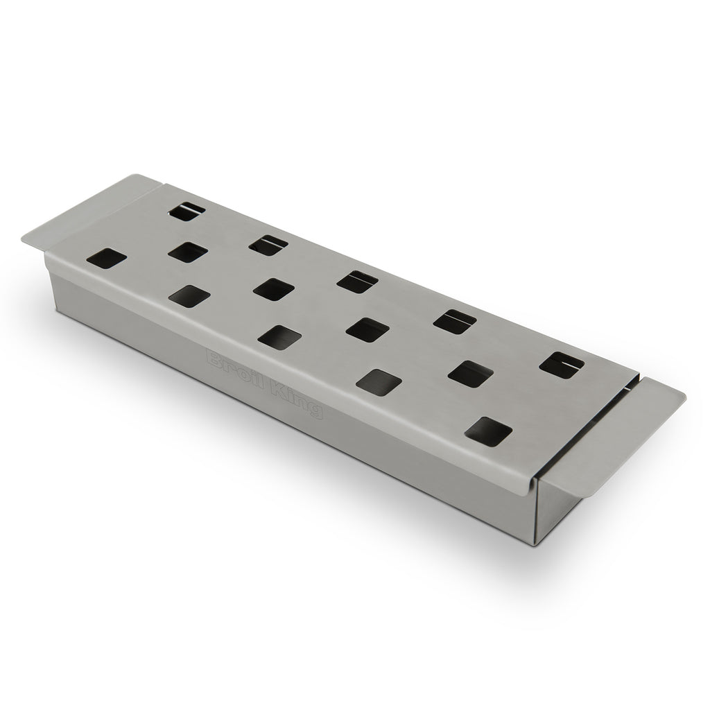 Metal smoker box with perforated top holes, light gray finish, grilling accessory