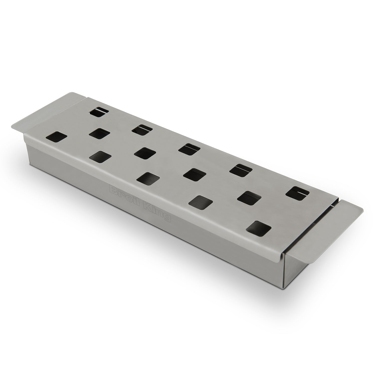 Metal smoker box with perforated top holes, light gray finish, grilling accessory