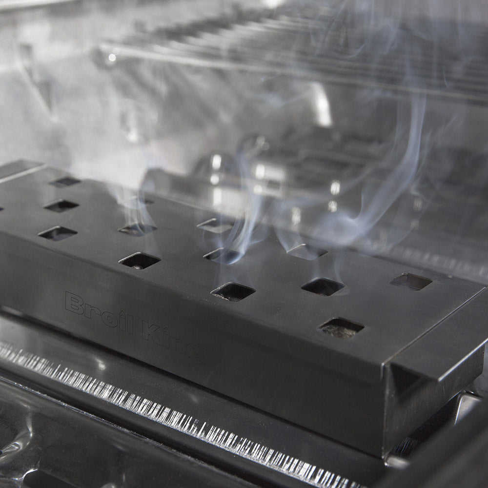Smoker box with vented top holes, dark metal, grilling smoke accessory