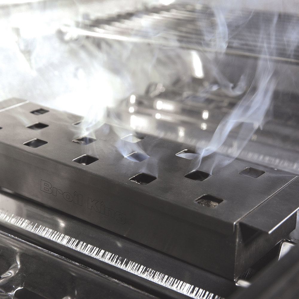 Smoker box with row of vent holes, dark metal, for grilling smoke