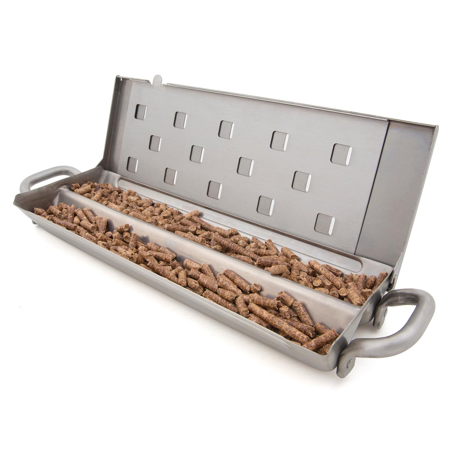 Stainless smoker box with perforated lid, side handles, and wood pellets inside