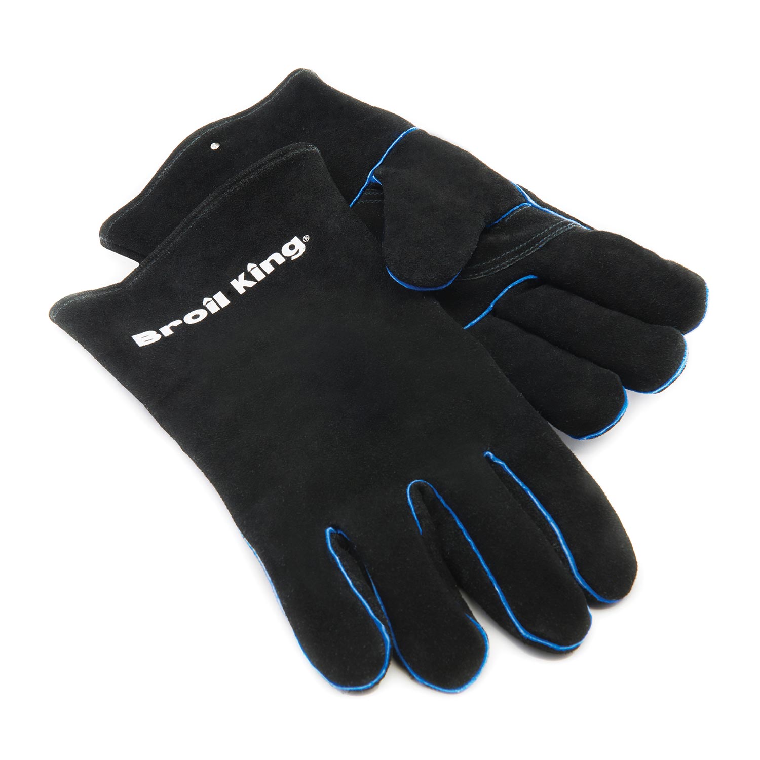 Black leather grill glove with blue trim and Broil King logo