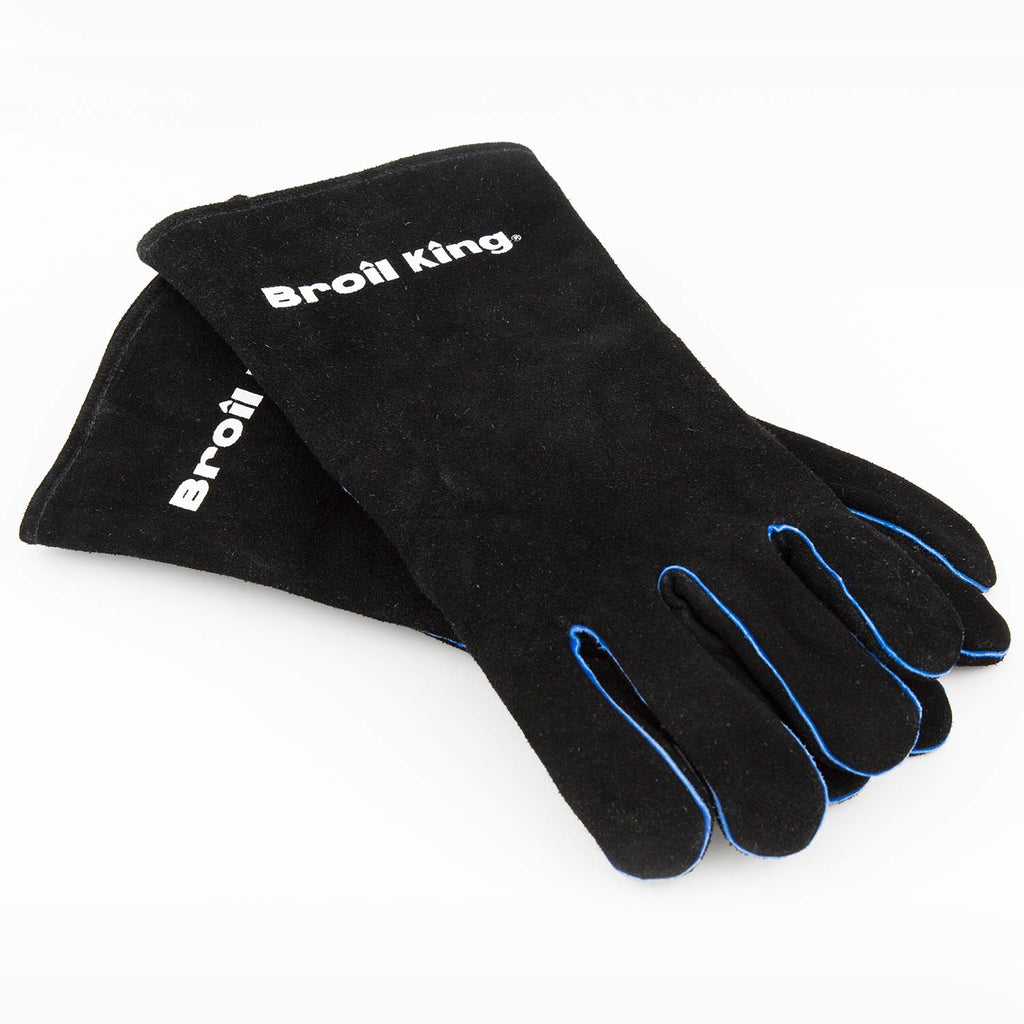 Black leather grill glove pair, blue stitching lines and Broil King logo