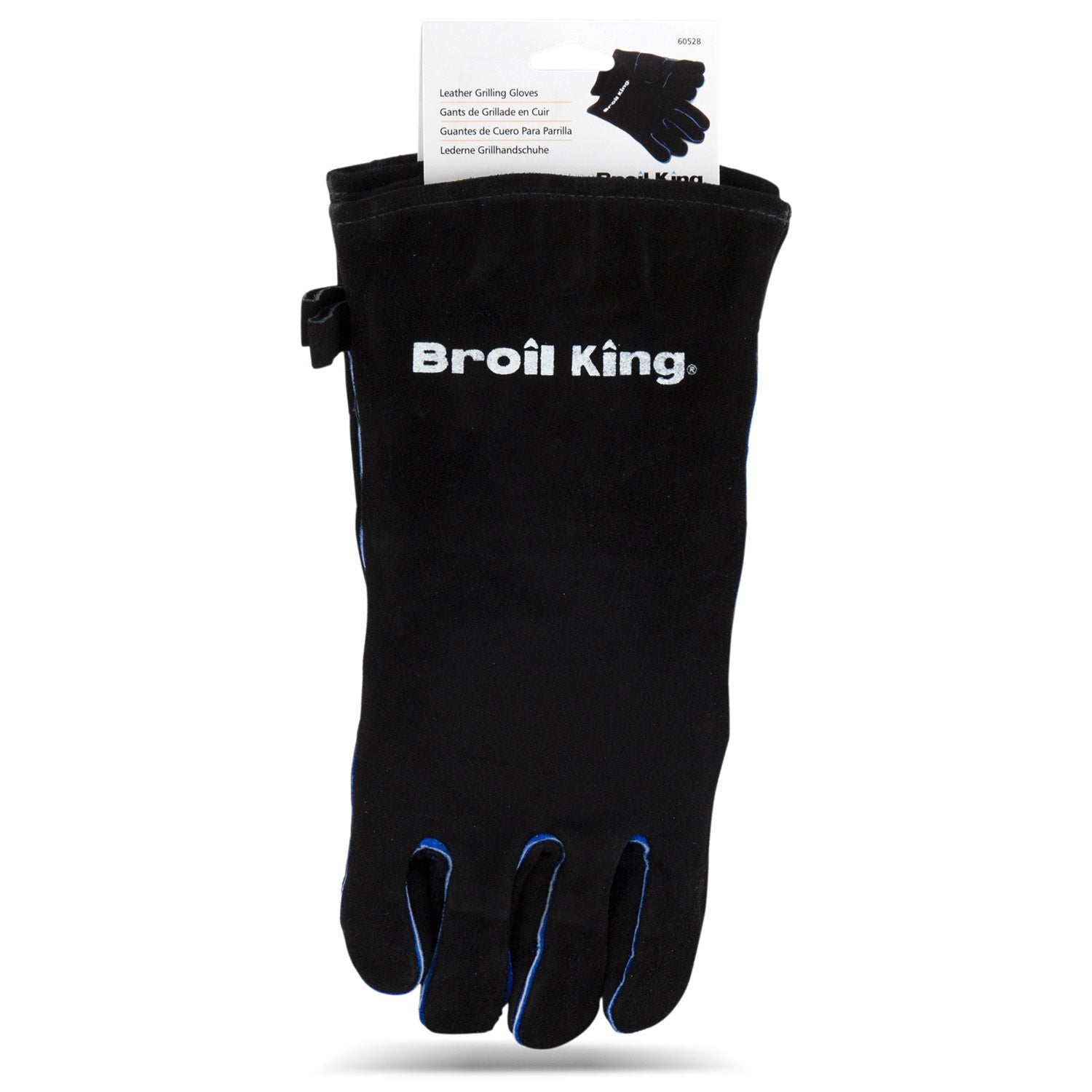 Black leather grill glove with hanging loop and Broil King logo, blue seam