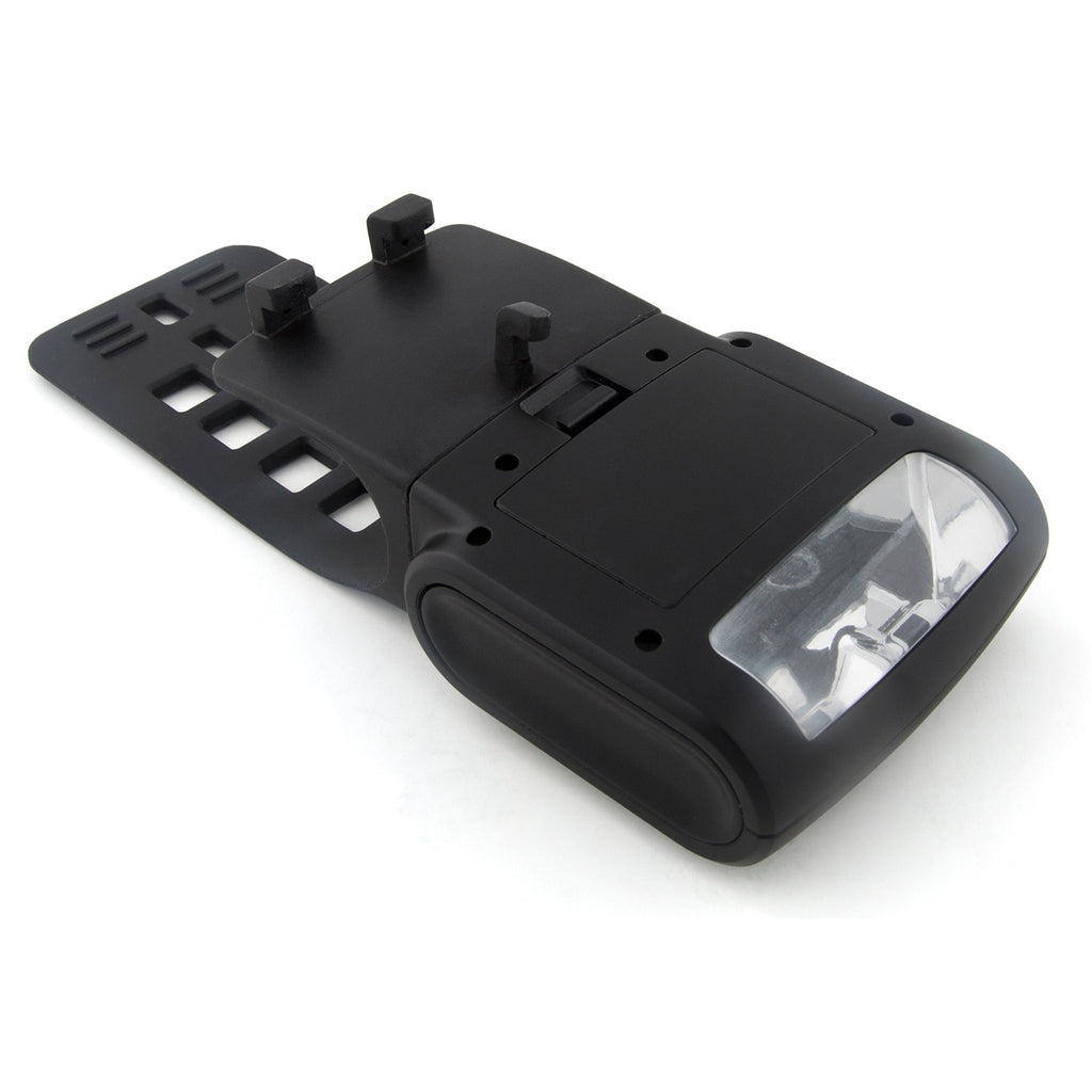 Black clamp-on grill light with clear lens and mounting bracket for mounting on a grill