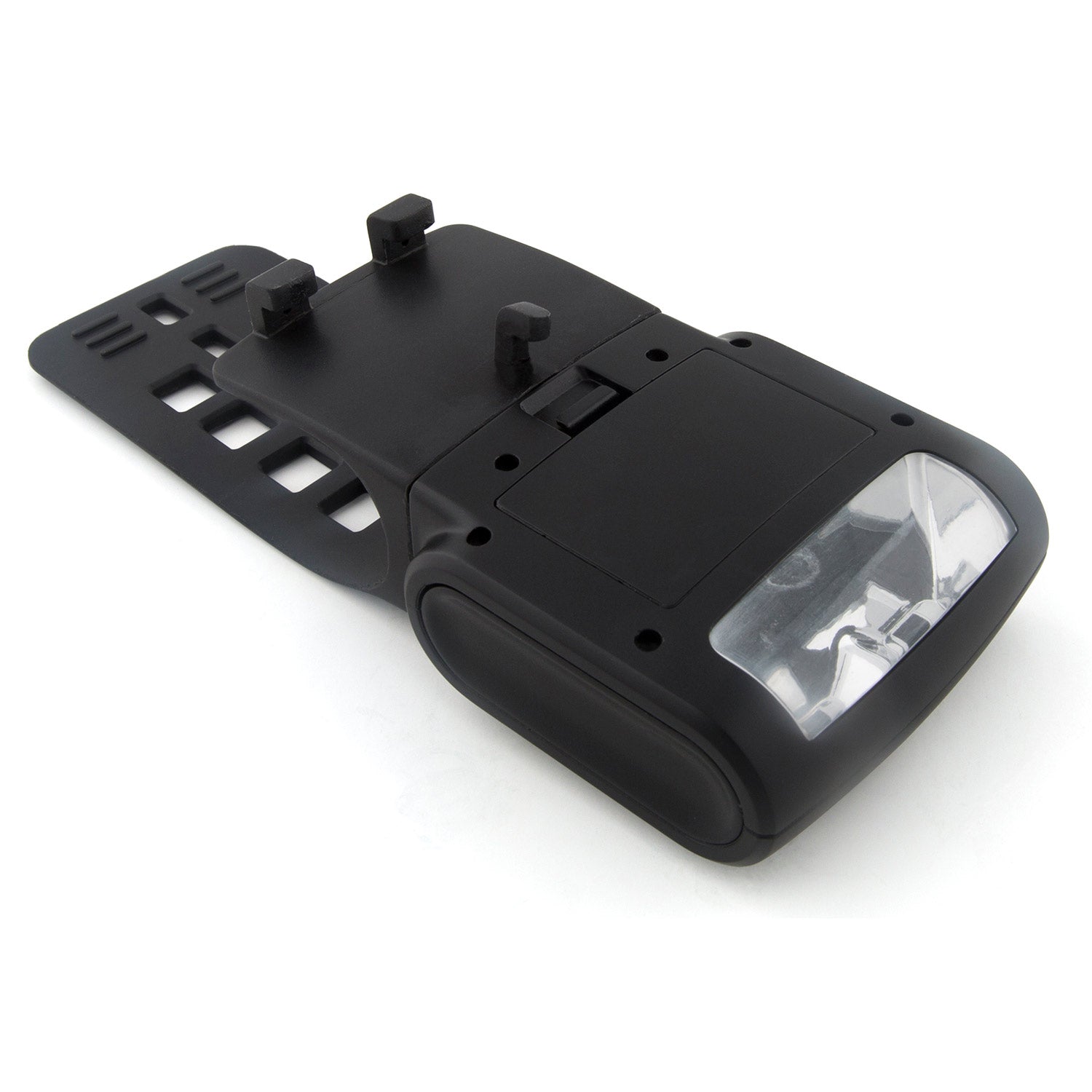 Black clamp-on grill light with clear lens and mounting bracket for mounting on a grill