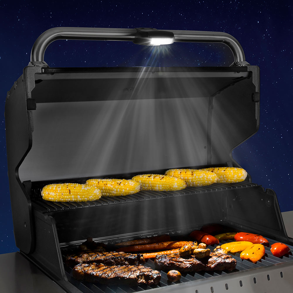 Grill cooking area lit by a mounted black grill light over the food