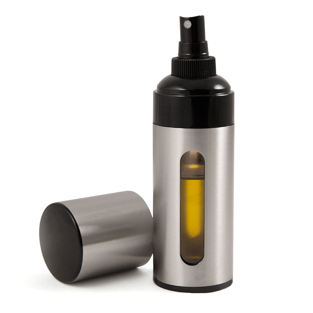 Stainless steel oil spritzer with black pump and cap; window shows yellow oil