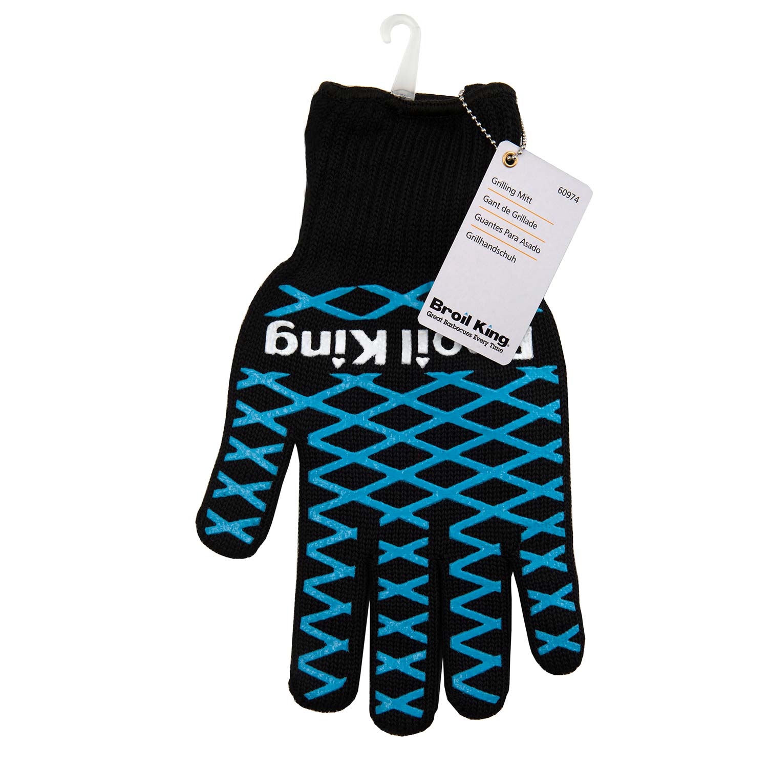 Broil King grilling mitt, black with blue crosshatch pattern and hanging tag