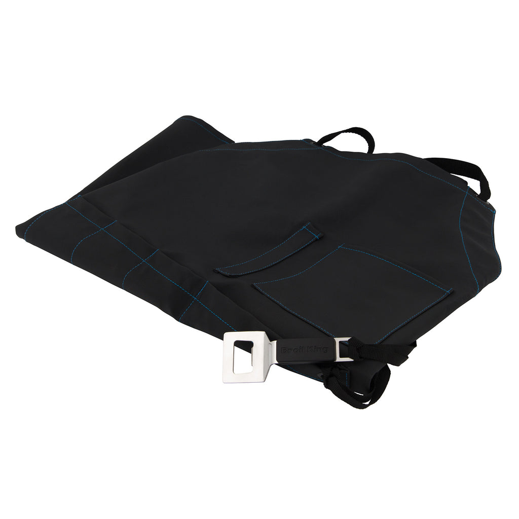 Black grilling apron with front pocket, straps, and metal buckle detail