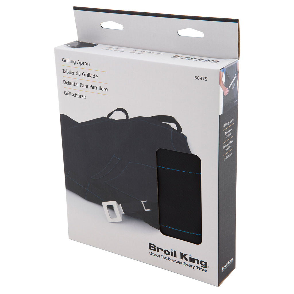 Broil King grilling apron retail box, black apron shown through clear window
