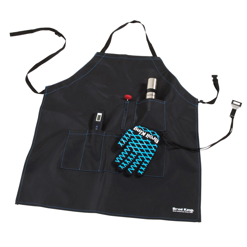 Black Broil King grilling apron with multiple pockets and hanging loops