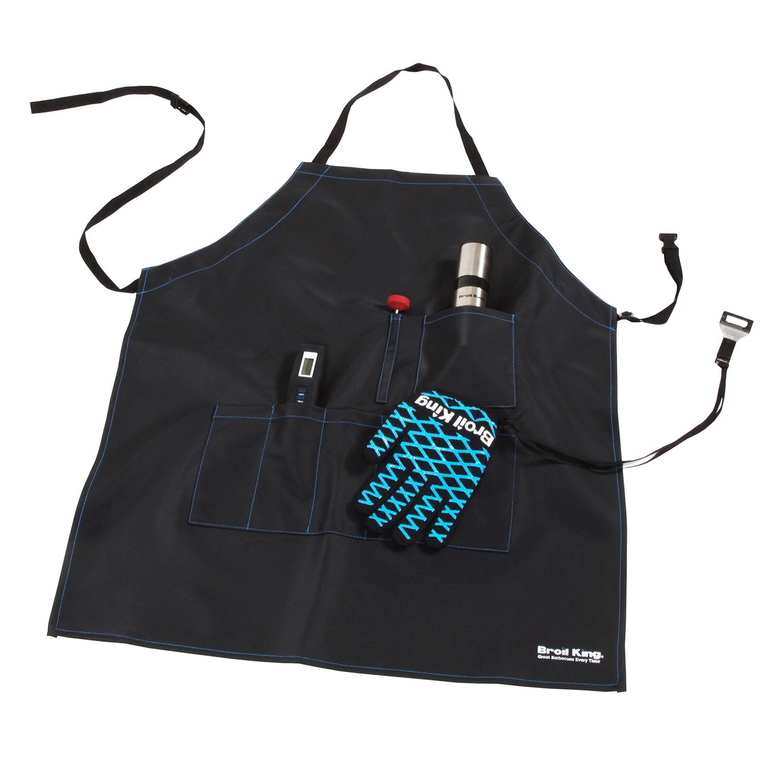 Black Broil King grilling apron with multiple pockets and hanging loops