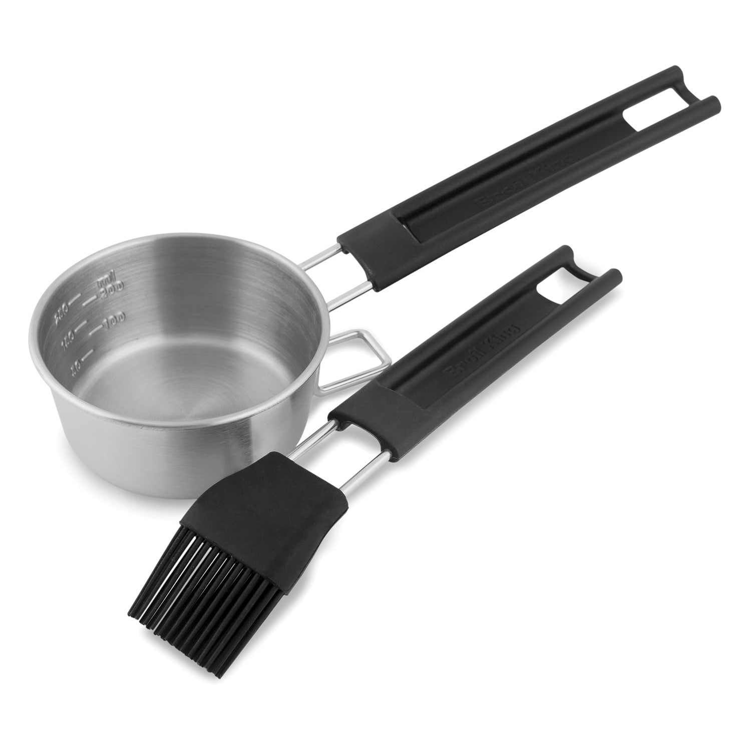 Basting set with metal basting cup and black silicone brush handles