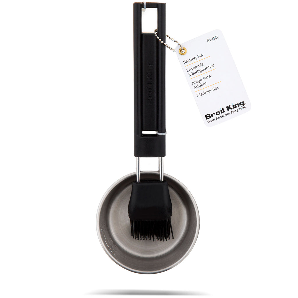 Basting set brush with long black handle and hanging metal cup