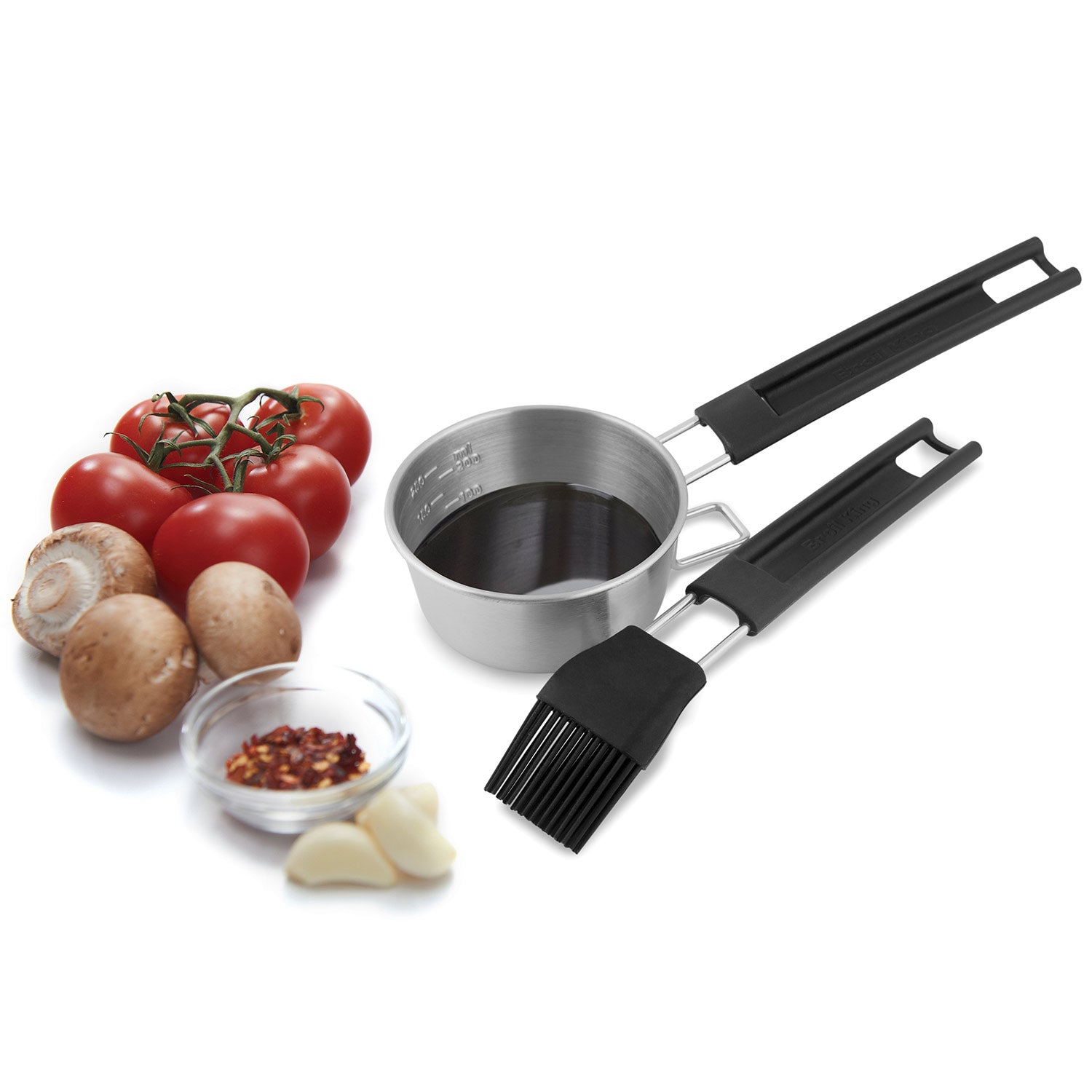 Basting set with metal cup, black silicone brush, and two side handles