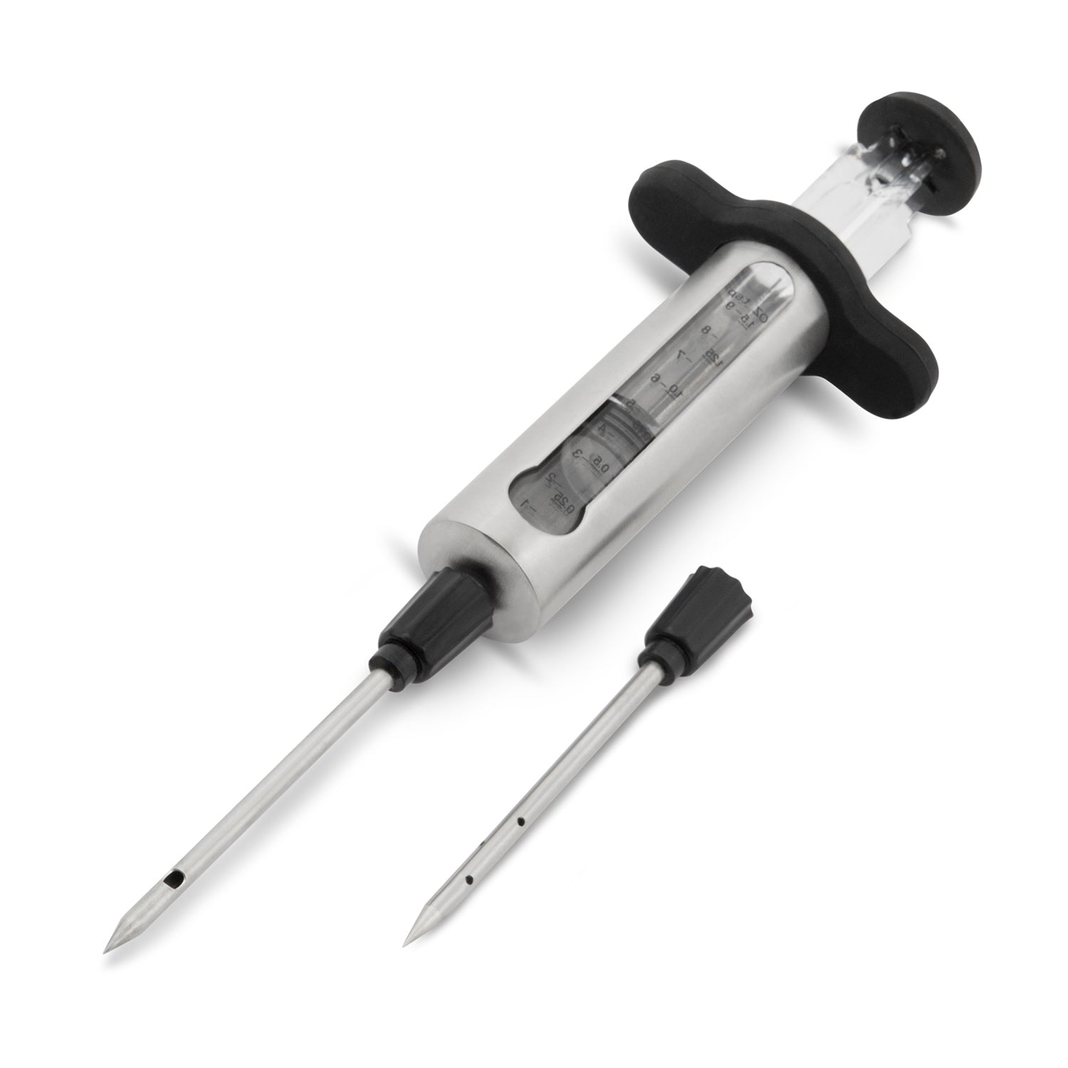 Marinade injector tool with clear barrel, black grip, and two stainless needles