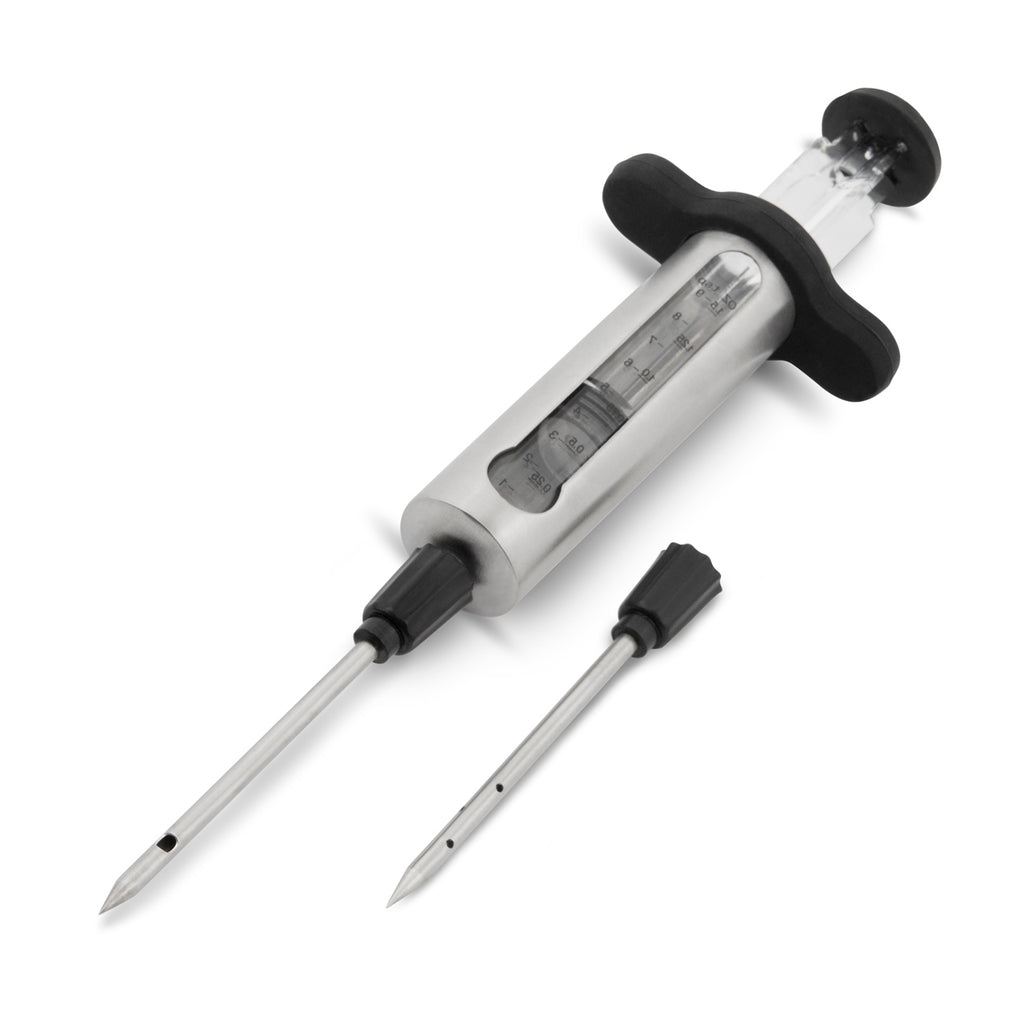 Marinade injector tool with clear barrel, black grip, and two stainless needles