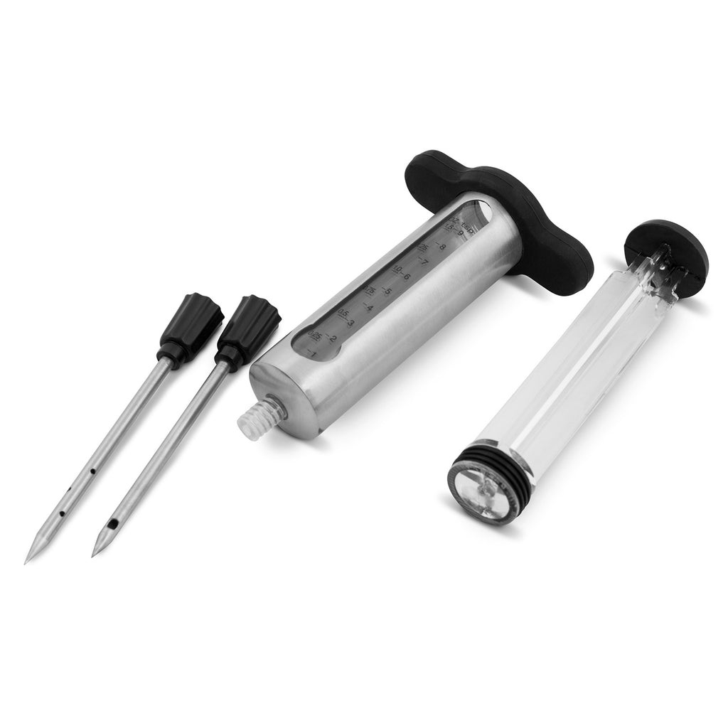 Marinade injector with clear barrel, black handle, measuring window, and two tips