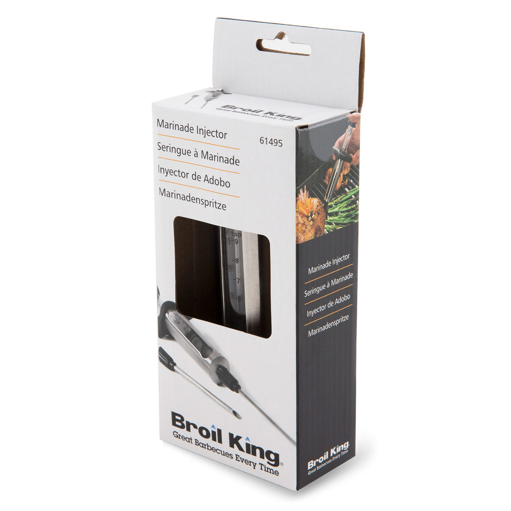 Marinade injector box packaging with Broil King branding and injector illustration