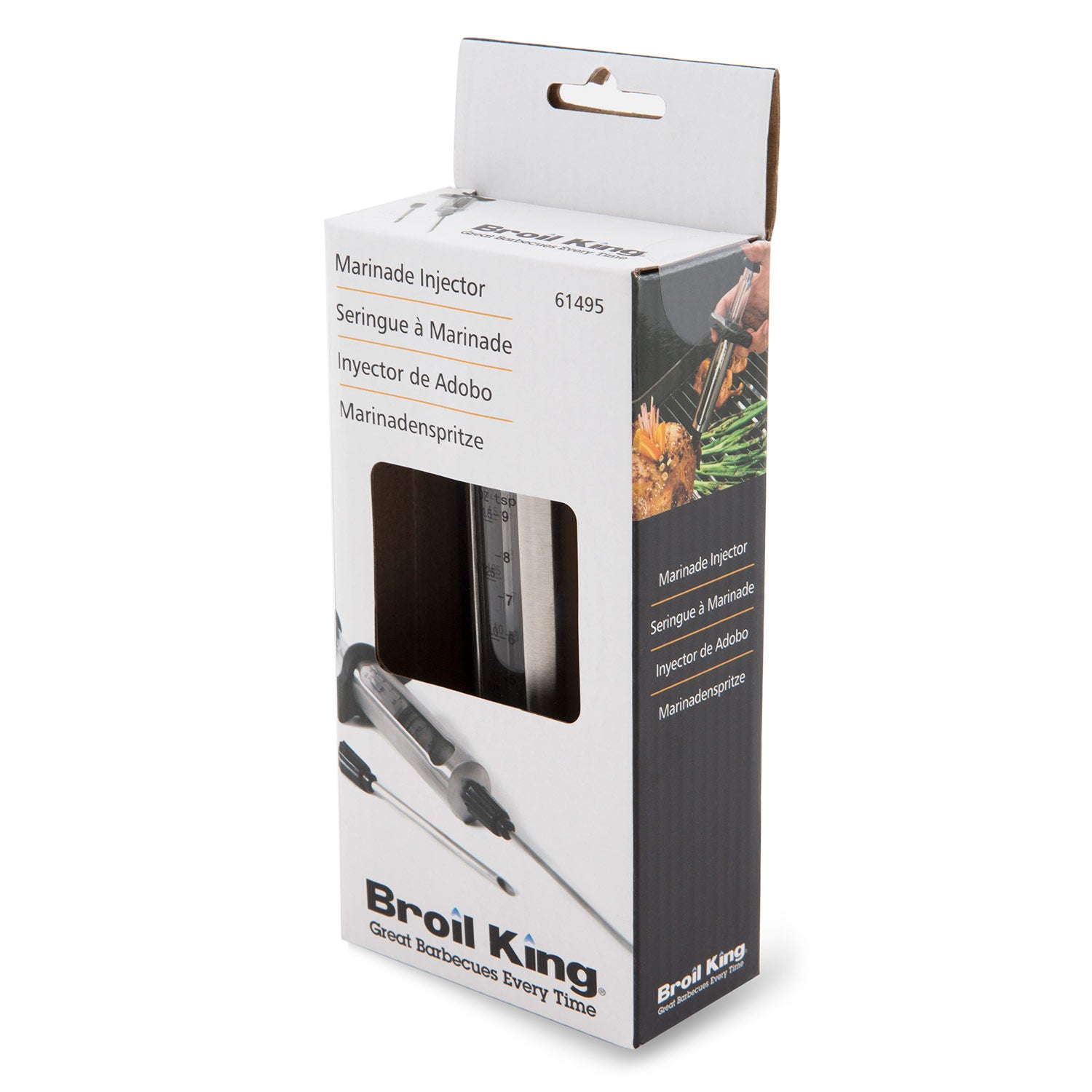 Marinade injector box packaging with Broil King branding and injector illustration