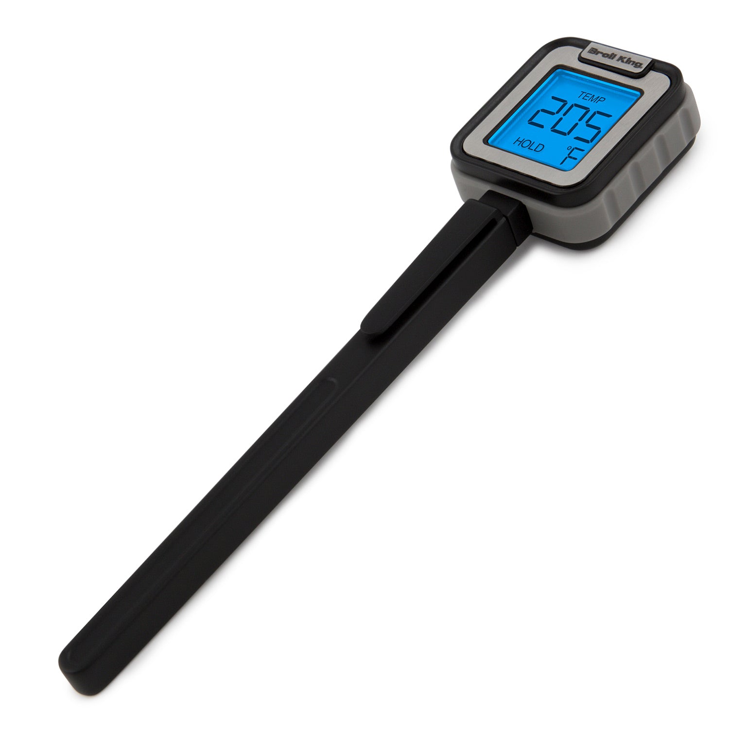 Instant read meat thermometer with black handle and stainless probe, blue LCD temperature screen