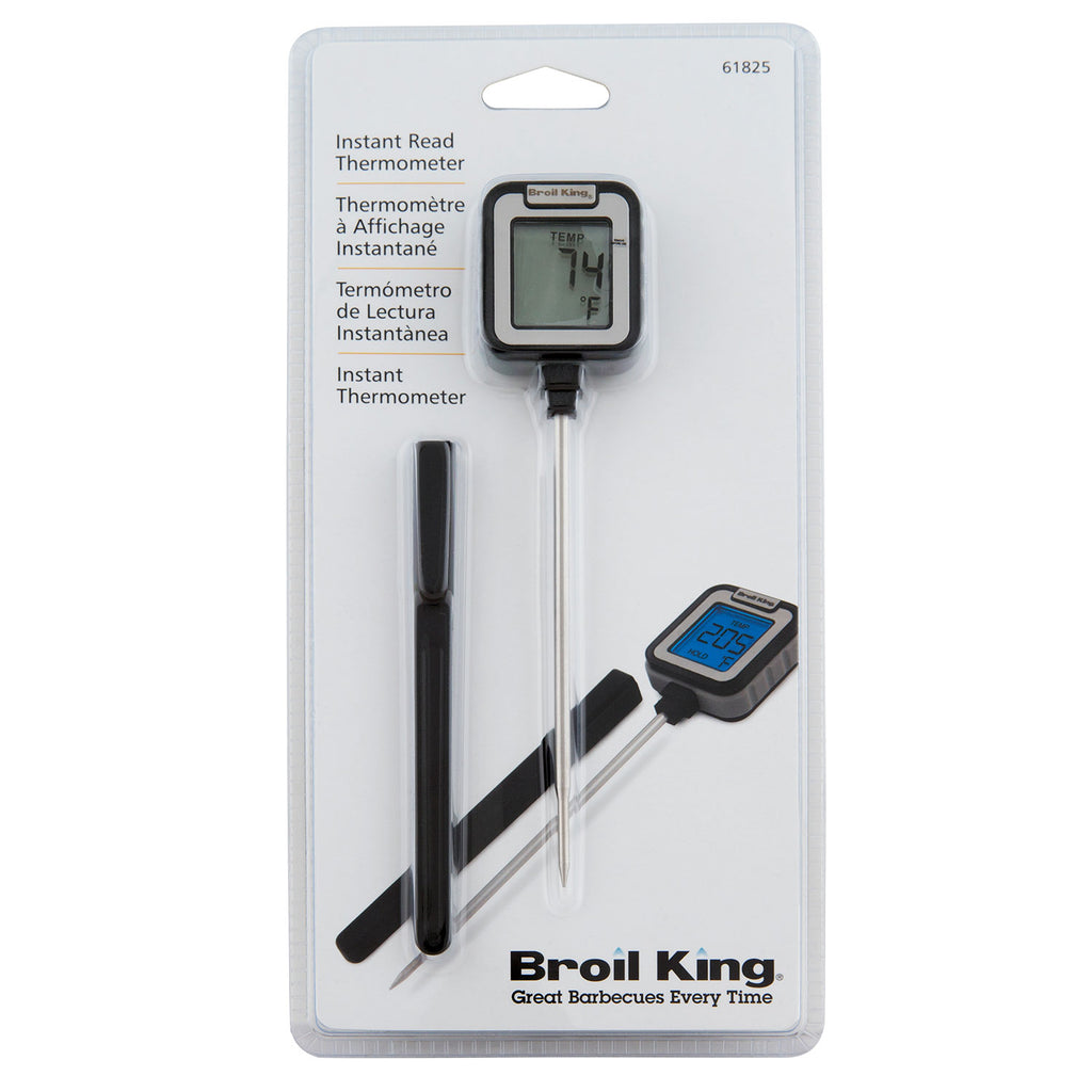 Instant read thermometer in retail blister pack with black handle, stainless probe, and LCD display