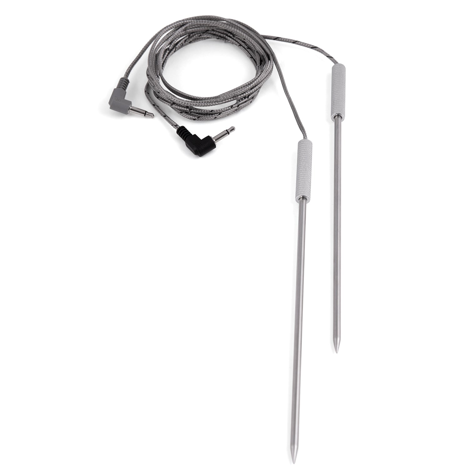Meat temperature probe with long stainless tip and braided cable harness