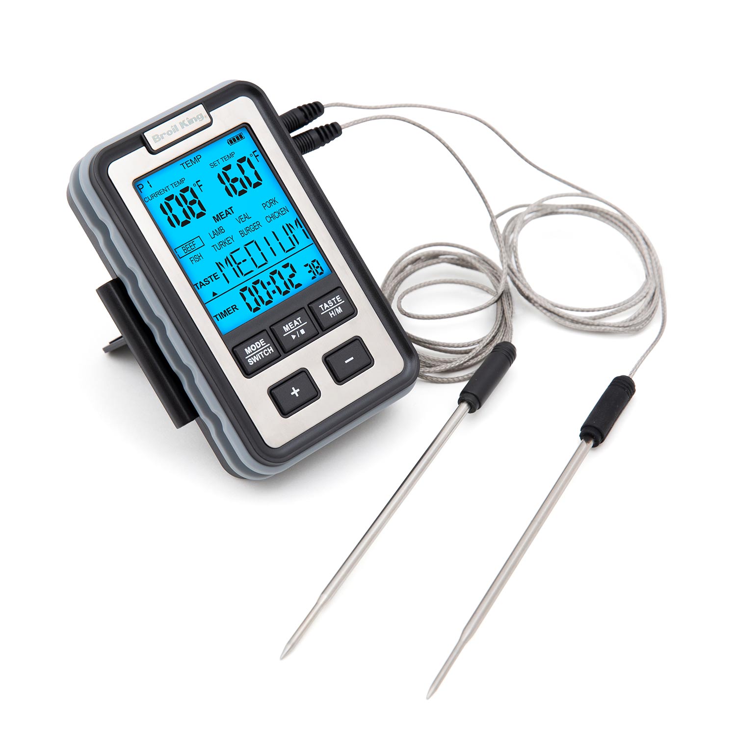 Broil King side table thermometer with two metal probe tips and cable, blue LCD display